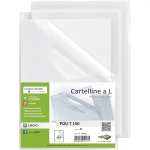 Cartelline a L Poli 150 - PP - liscio- - trasparente - Sei Rota - confezione 50 pezzi. Misura: formato esterno 23,2x32,2 cm - formato interno 21x29,7 cm. Foto prodotto